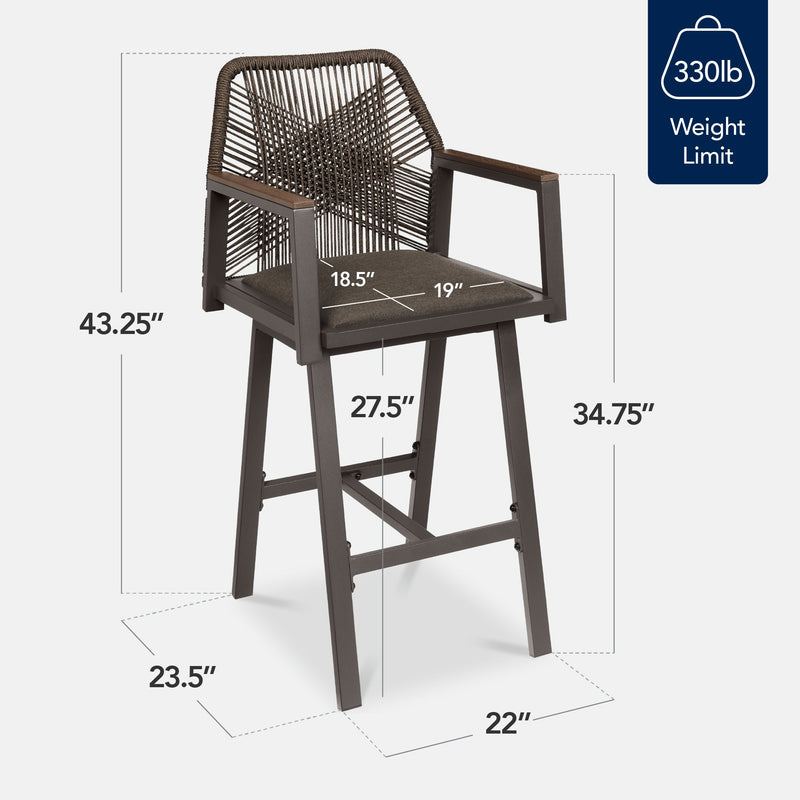 Set of 2 Indoor/Outdoor Aluminum Swivel Barstools with Arms All-Weather Rope
