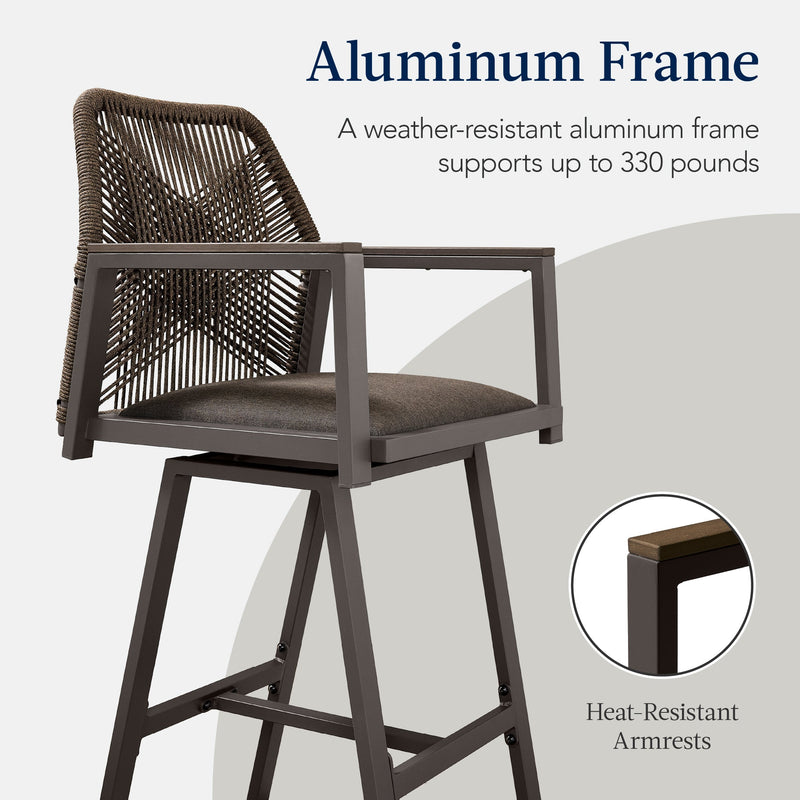 Set of 2 Indoor/Outdoor Aluminum Swivel Barstools with Arms All-Weather Rope