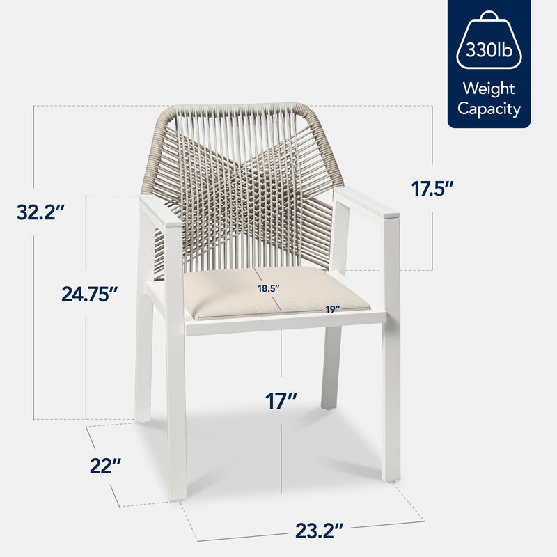 Set of 2 Indoor/Outdoor Aluminum Dining Chairs with Arms All-Weather Rope