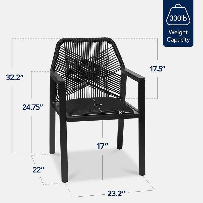 Set of 2 Indoor/Outdoor Aluminum Dining Chairs with Arms All-Weather Rope