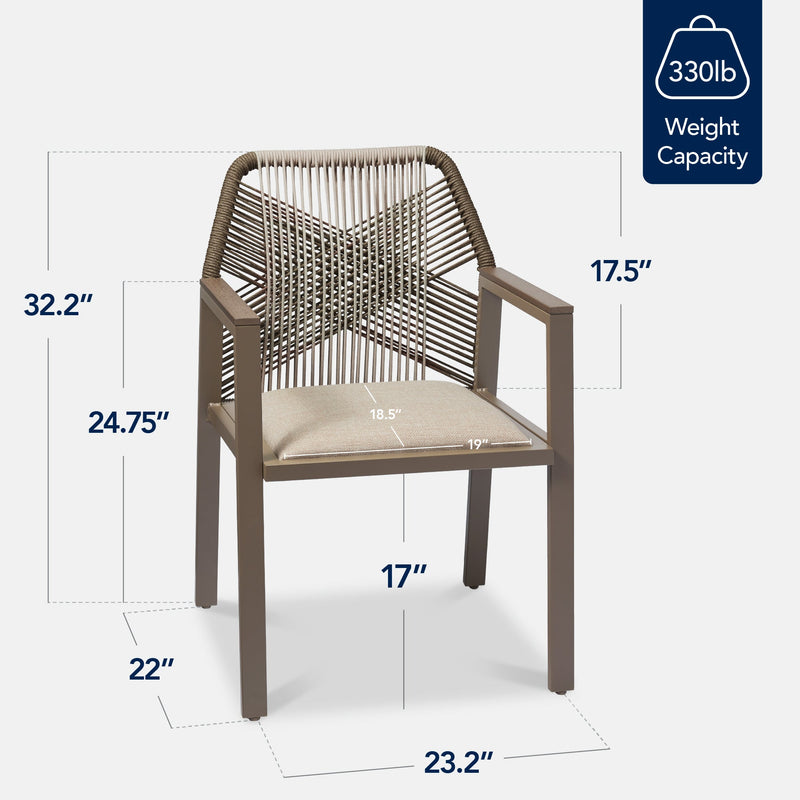 Set of 2 Indoor/Outdoor Aluminum Dining Chairs with Arms All-Weather Rope