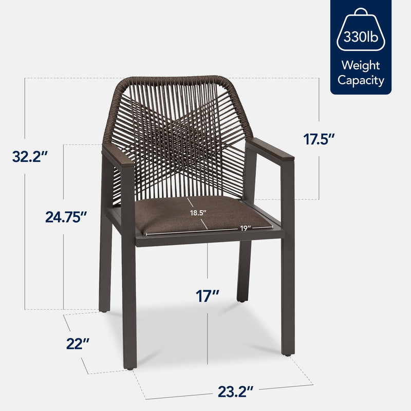Set of 2 Indoor/Outdoor Aluminum Dining Chairs with Arms All-Weather Rope