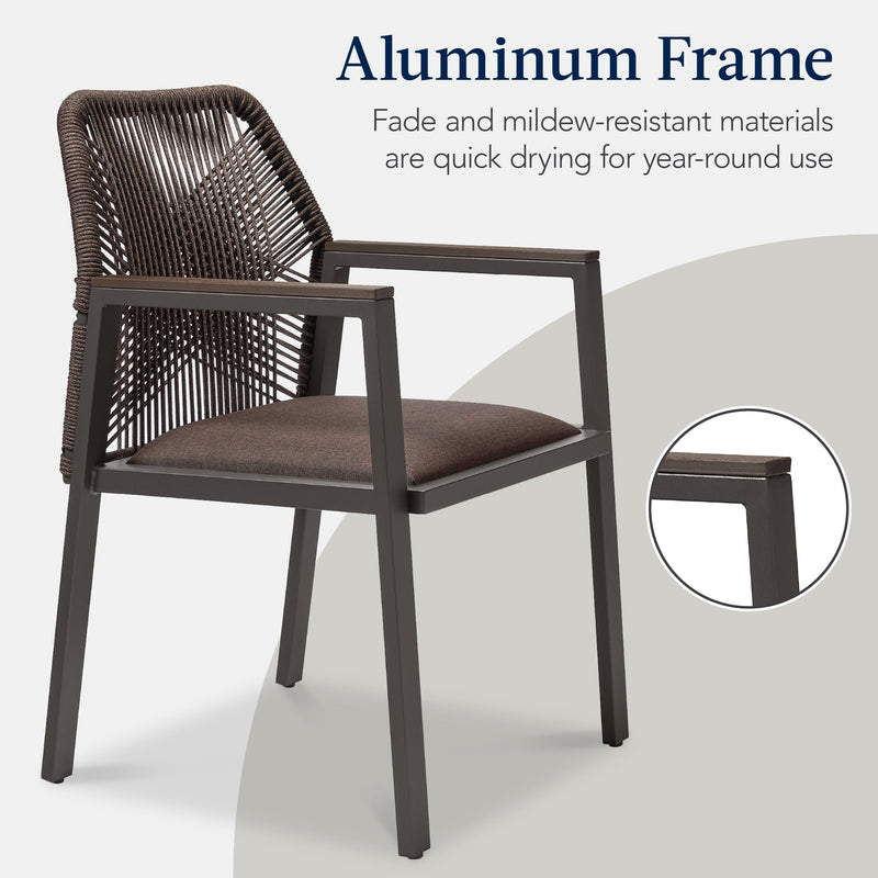 Set of 2 Indoor/Outdoor Aluminum Dining Chairs with Arms All-Weather Rope