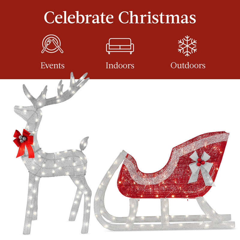 Lighted Christmas Reindeer & Sleigh Outdoor Decor Set w/ LED Lights - Kivo Store