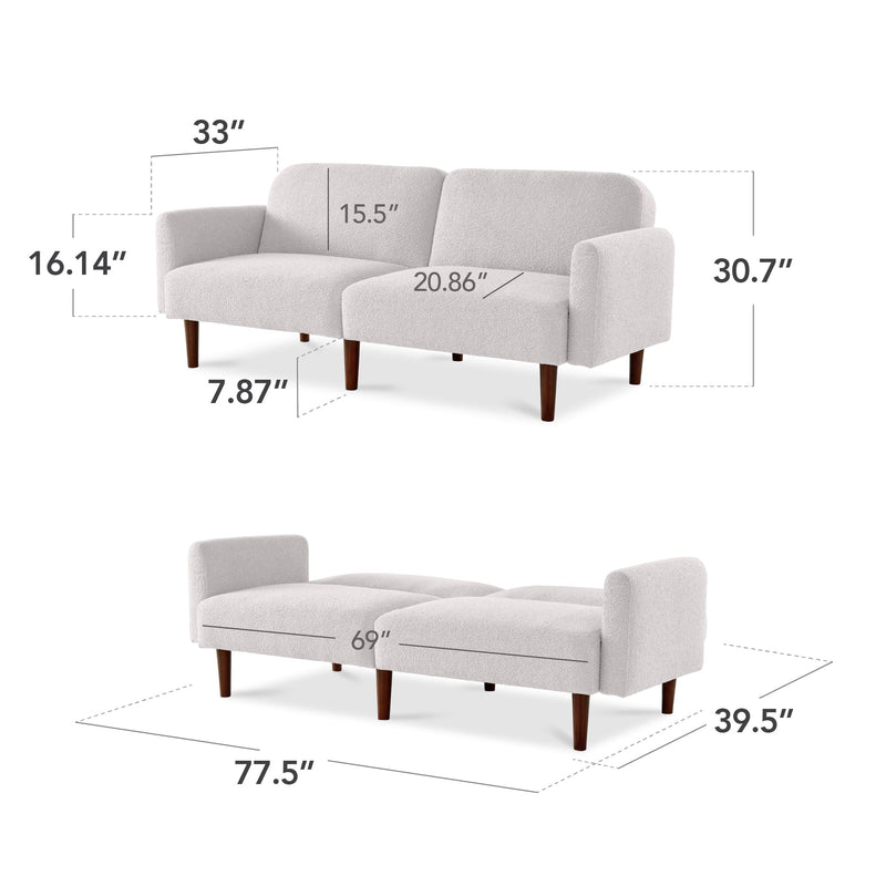Curved Convertible Futon, Boucle Fabric Split-Back Sleeper Bed