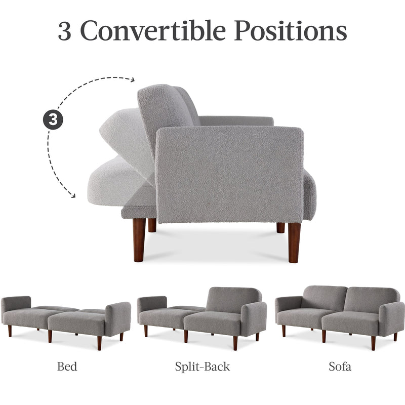 Curved Convertible Futon, Boucle Fabric Split-Back Sleeper Bed