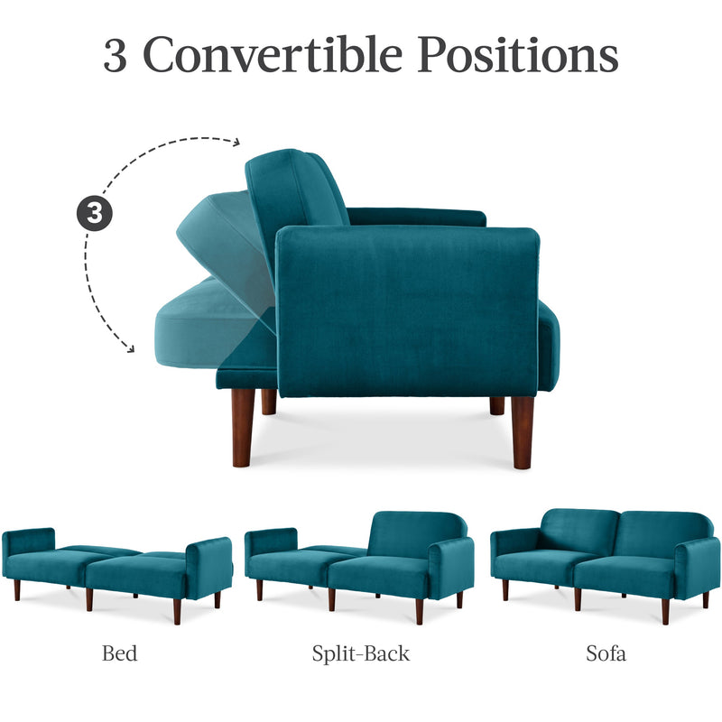 Curved Convertible Futon, Velvet Fabric Split-Back Sleeper Bed