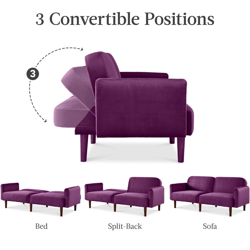 Curved Convertible Futon, Velvet Fabric Split-Back Sleeper Bed