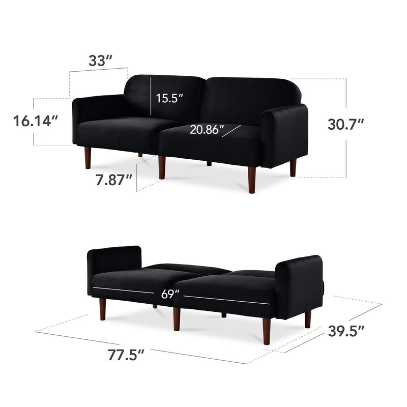 Curved Convertible Futon, Velvet Fabric Split-Back Sleeper Bed
