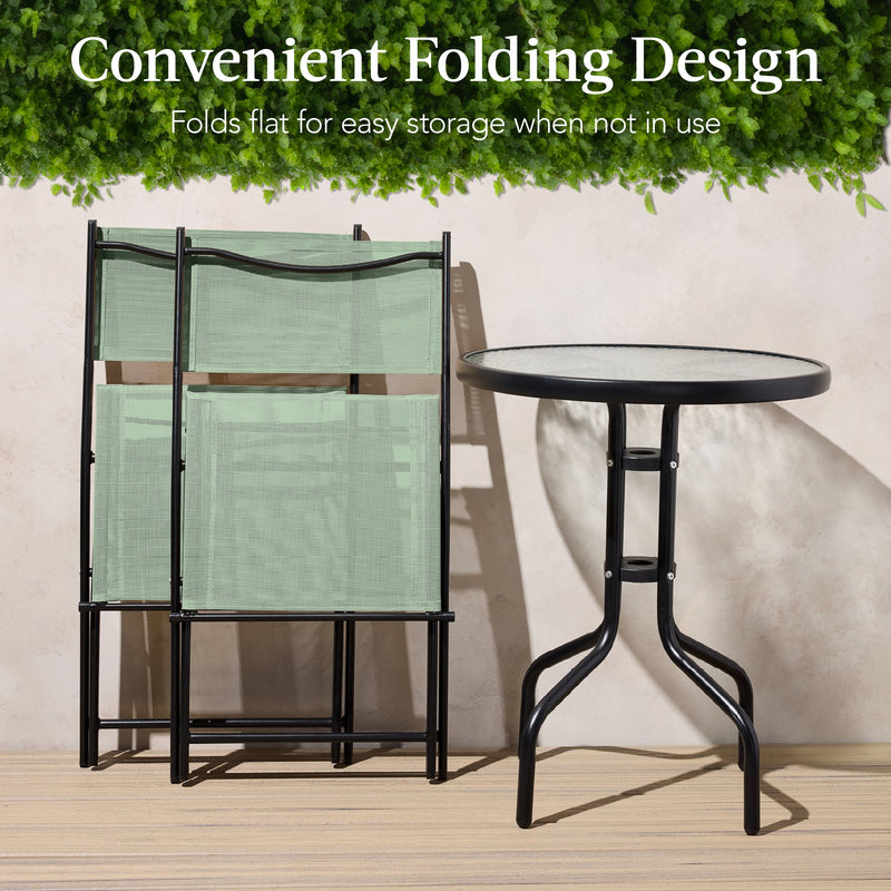 3-Piece Bistro Set w/ Glass Table, 2 Foldable Chairs