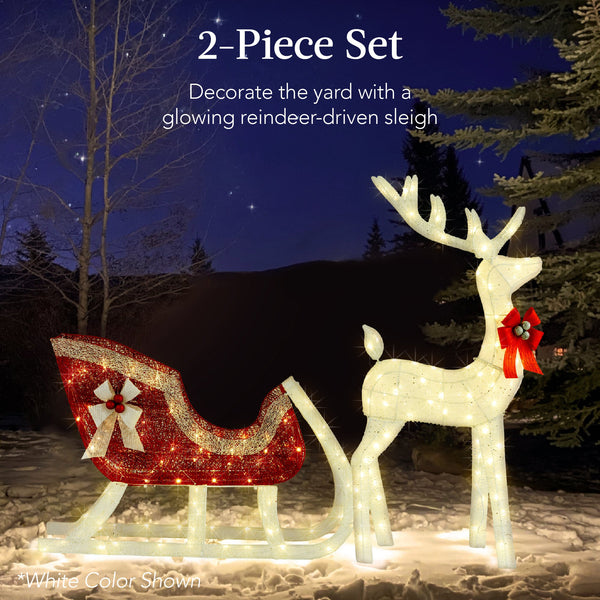 Lighted Christmas Reindeer & Sleigh Outdoor Decor Set w/ LED Lights - Kivo Store