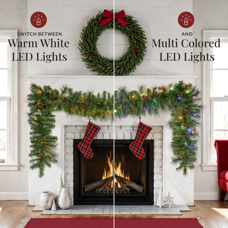 9ft Pre-Lit Christmas Garland w/ 50 Lights, Pine Cones, Berries
