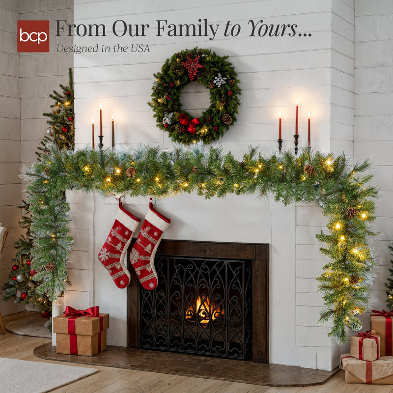 9ft Pre-Lit Christmas Garland w/ 50 Lights, Pine Cones, Berries