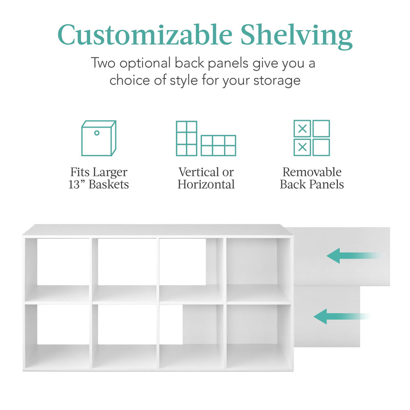 8-Cube Bookshelf, 13.5in Storage Display w/ Removable Panels, Customizable
