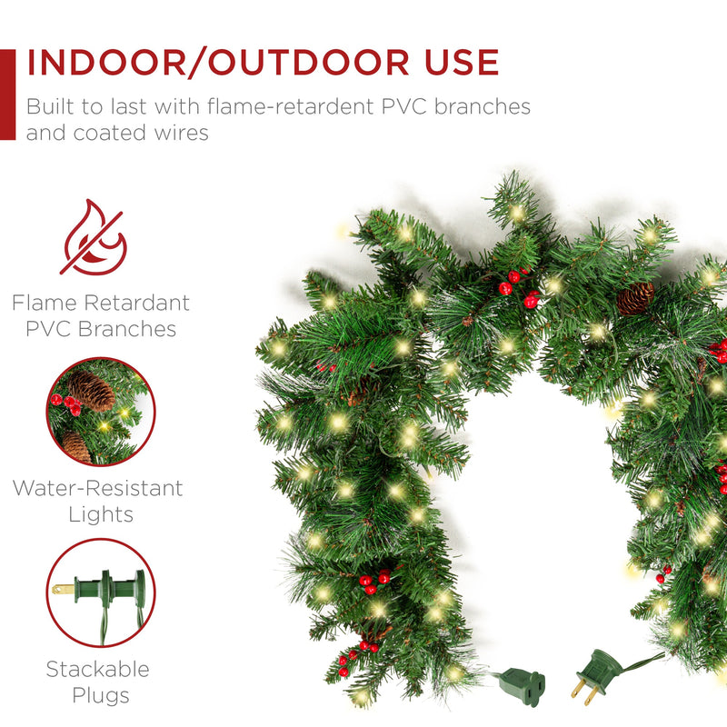 9ft Pre-Lit Christmas Garland w/ 50 Lights, Pine Cones, Berries - Kivo Store