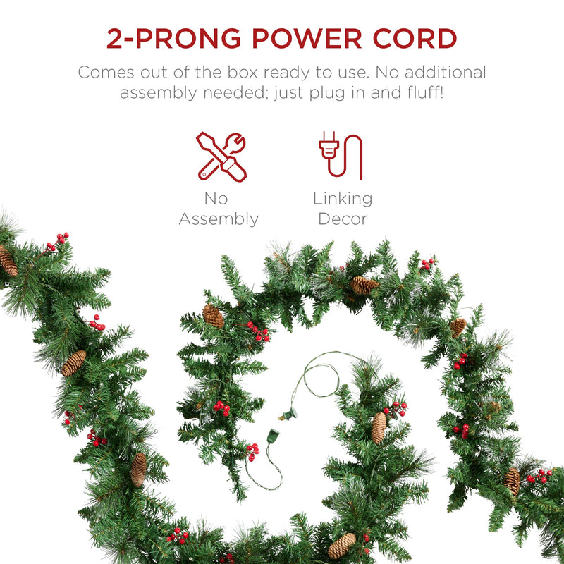 9ft Pre-Lit Christmas Garland w/ 50 Lights, Pine Cones, Berries - Kivo Store