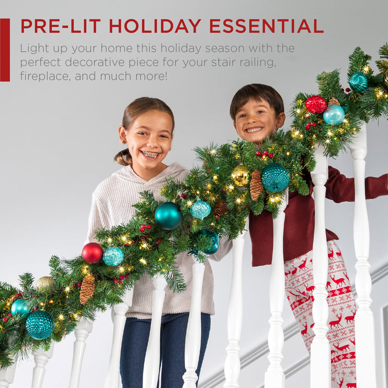 9ft Pre-Lit Christmas Garland w/ 50 Lights, Pine Cones, Berries - Kivo Store