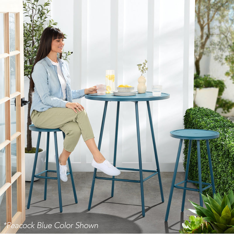 3-Piece Patio Bar Height Bistro Set w/ Backless Stools, Slatted Design