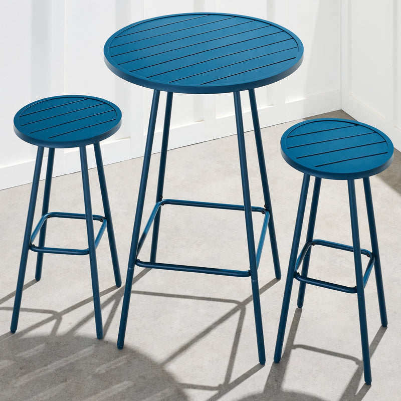 3-Piece Patio Bar Height Bistro Set w/ Backless Stools, Slatted Design