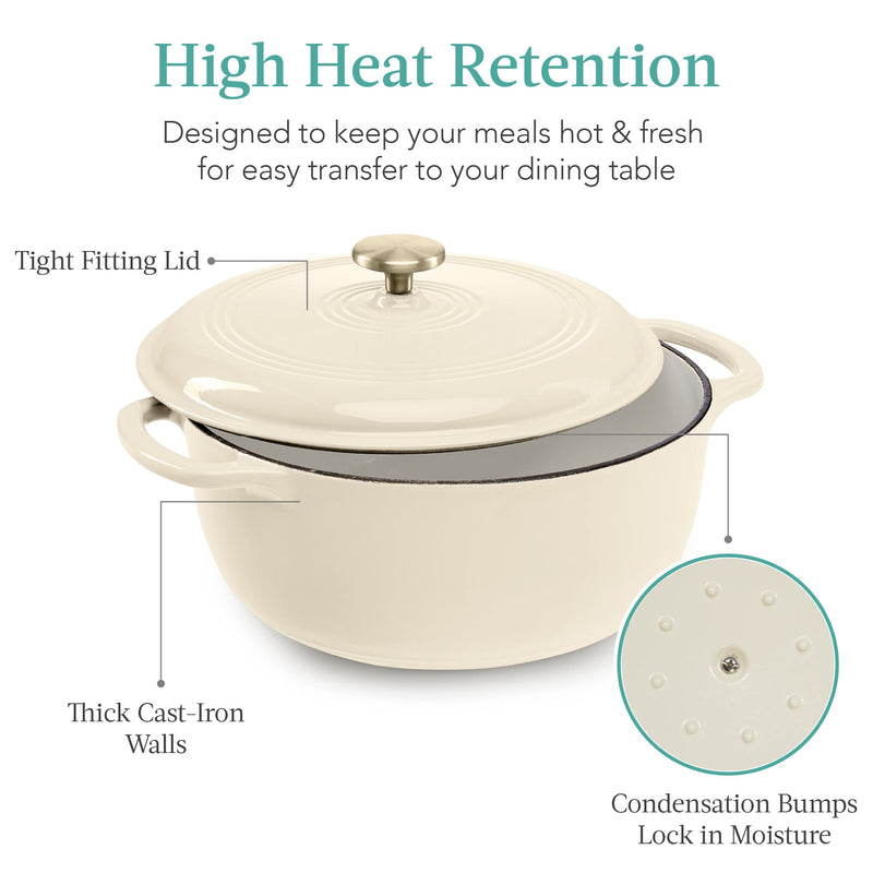 Cast-Iron Dutch Oven Kitchen Cookware w/ Enamel, Handles - 6qt
