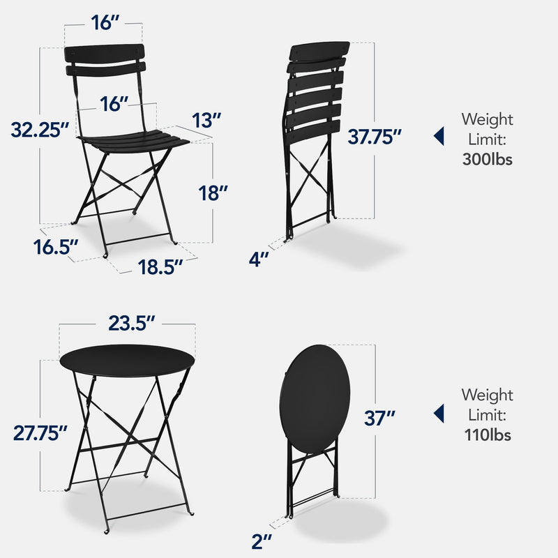 3-Piece Small Folding Patio Bistro Set w/ 2 Chairs