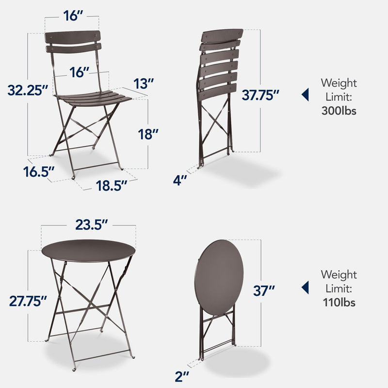 3-Piece Small Folding Patio Bistro Set w/ 2 Chairs