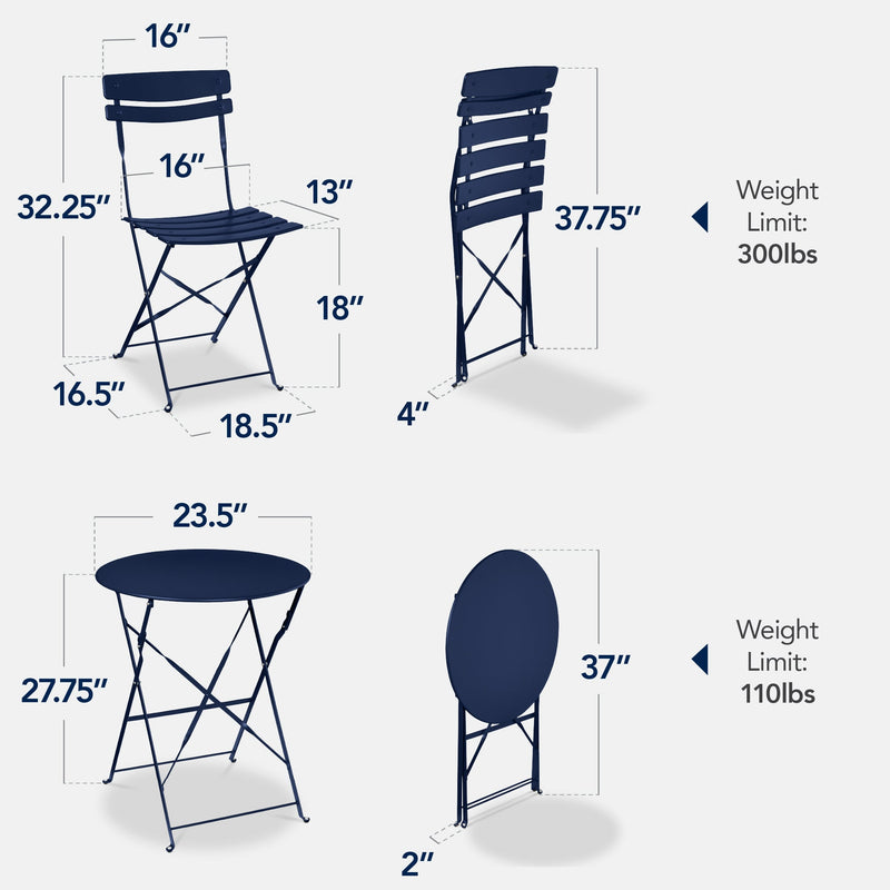 3-Piece Small Folding Patio Bistro Set w/ 2 Chairs