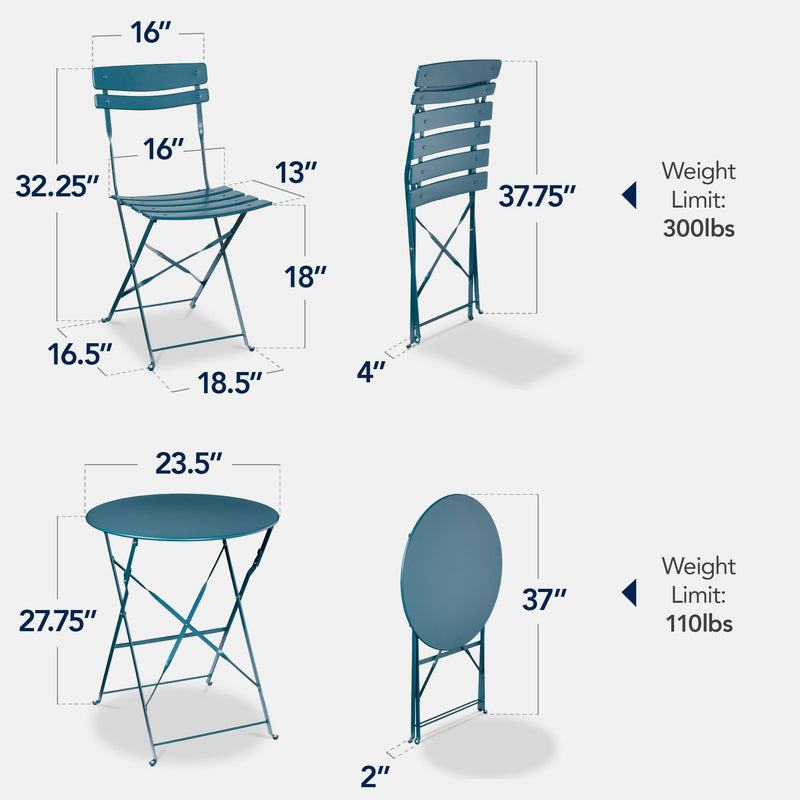 3-Piece Small Folding Patio Bistro Set w/ 2 Chairs