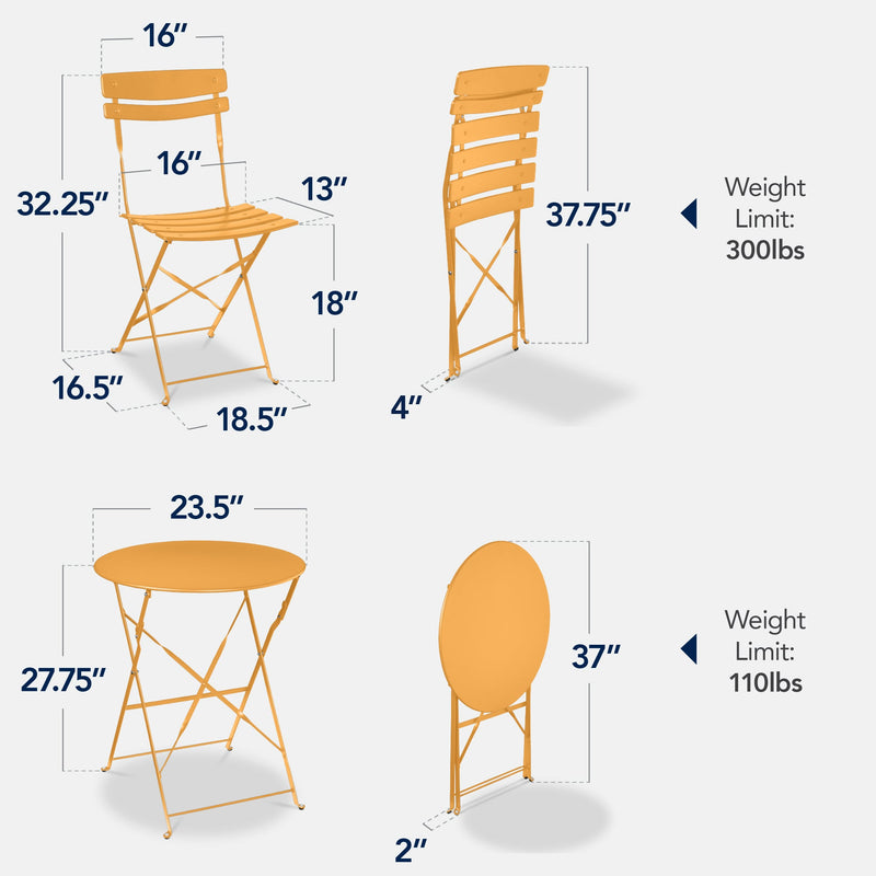 3-Piece Small Folding Patio Bistro Set w/ 2 Chairs