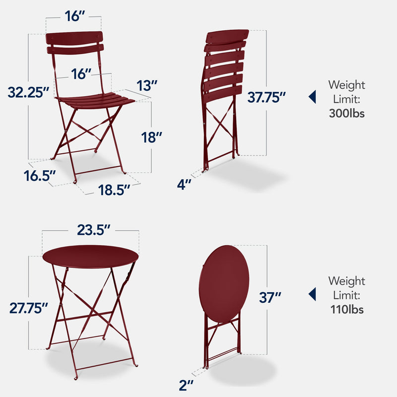 3-Piece Small Folding Patio Bistro Set w/ 2 Chairs