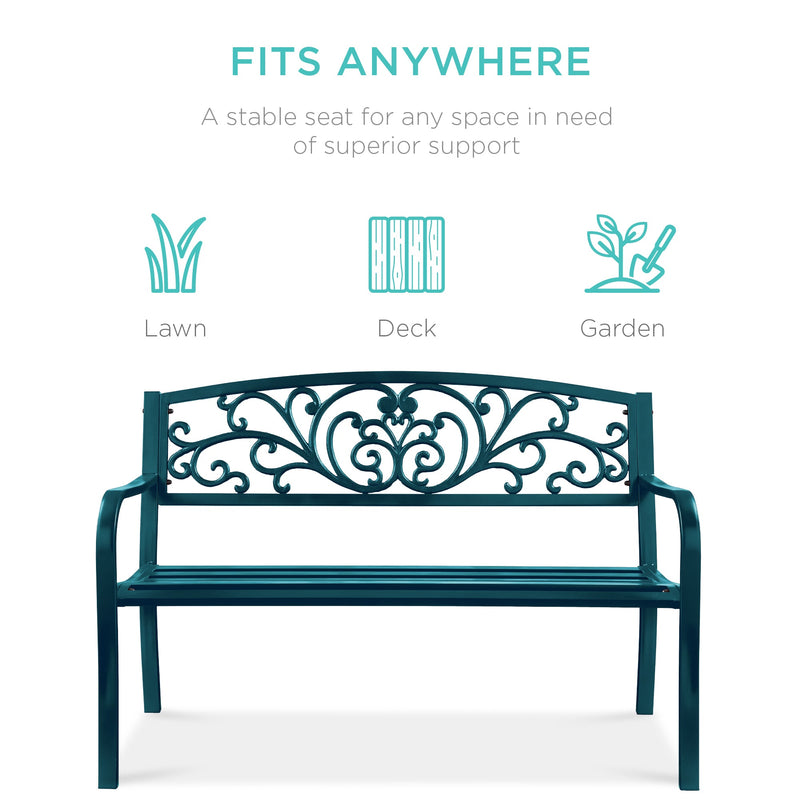 Steel Bench for Outdoor, Patio, Garden w/ Floral Design - 50in - Kivo Store