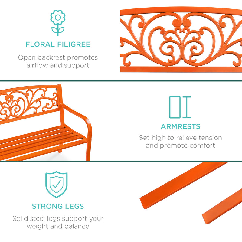 Steel Bench for Outdoor, Patio, Garden w/ Floral Design - 50in