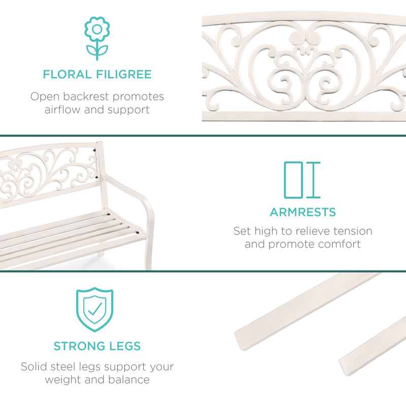 Steel Bench for Outdoor, Patio, Garden w/ Floral Design - 50in - Kivo Store