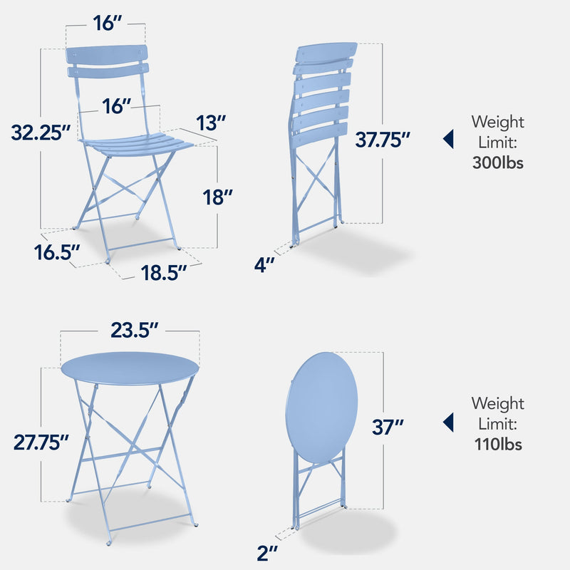3-Piece Small Folding Patio Bistro Set w/ 2 Chairs