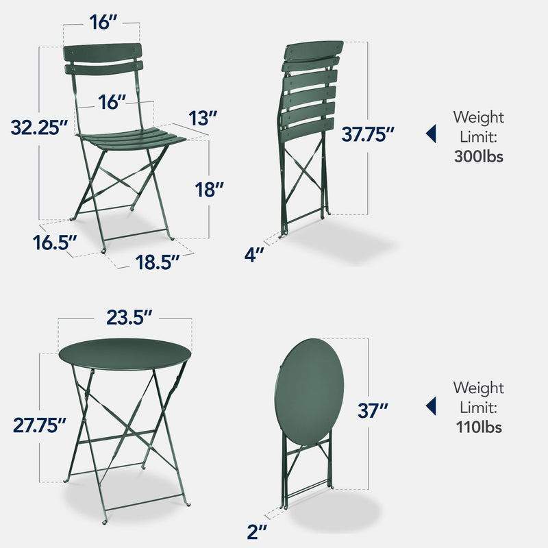 3-Piece Small Folding Patio Bistro Set w/ 2 Chairs