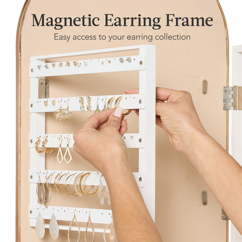 Door/Wall Mounted Arch Mirror Jewelry Armoire, w/ Metal Frame, Built-In Lock
