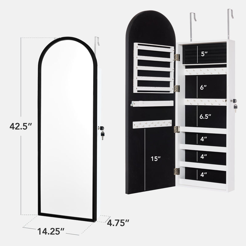 Door/Wall Mounted Arch Mirror Jewelry Armoire, w/ Metal Frame, Built-In Lock