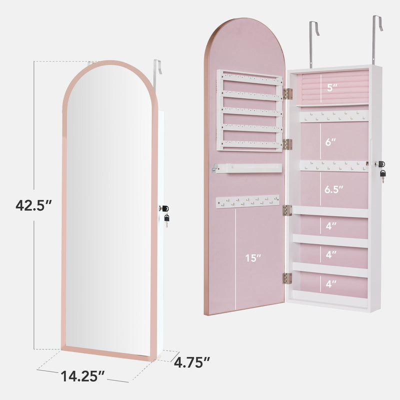 Door/Wall Mounted Arch Mirror Jewelry Armoire, w/ Metal Frame, Built-In Lock