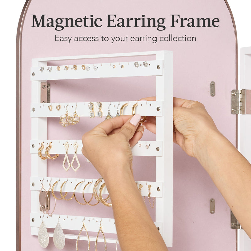 Door/Wall Mounted Arch Mirror Jewelry Armoire, w/ Metal Frame, Built-In Lock