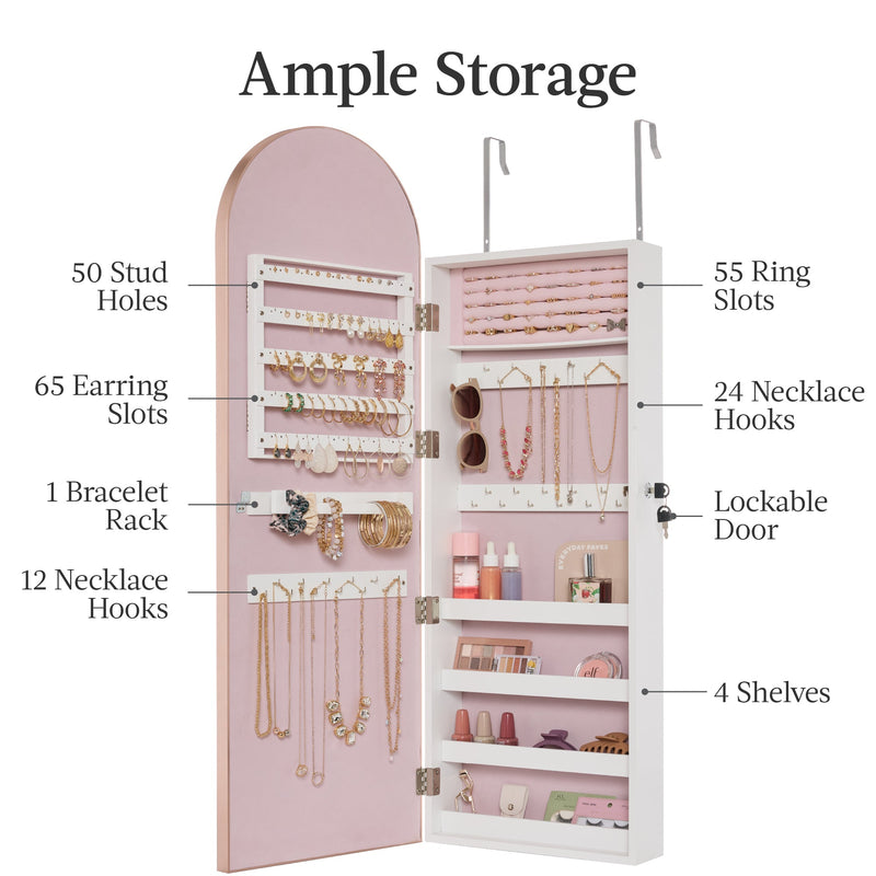 Door/Wall Mounted Arch Mirror Jewelry Armoire, w/ Metal Frame, Built-In Lock