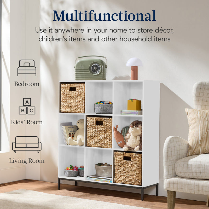 Elevated 9-Cube Storage Organizer, 11in Bookshelf, w/ Metal Legs