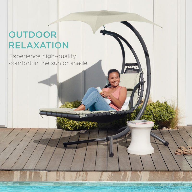 Hanging Curved Chaise Lounge Chair w/ Built-In Pillow, Removable Canopy