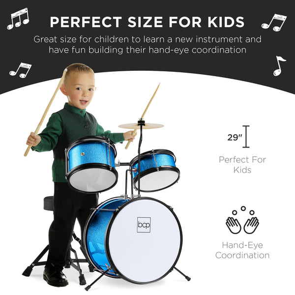 Kids Beginner 3-Piece Drum, Musical Instrument Set w/ Sticks, Stool, Pedal - Kivo Store