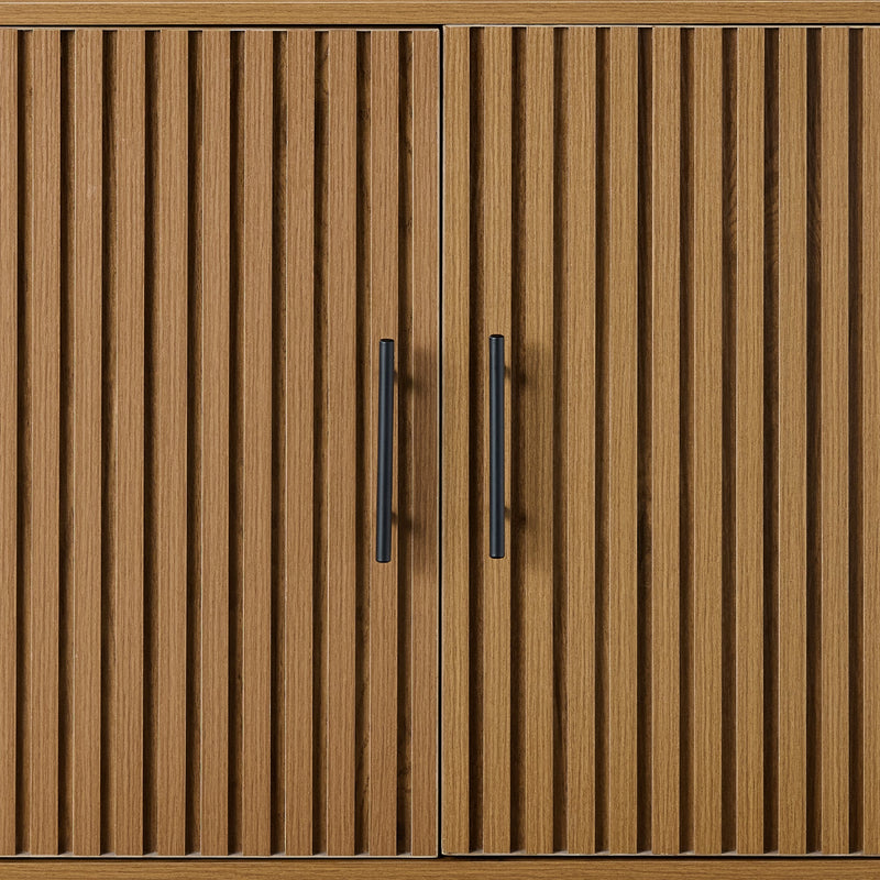 2-Door Slatted Storage Cabinet Accent Furniture w/ Foot Pads