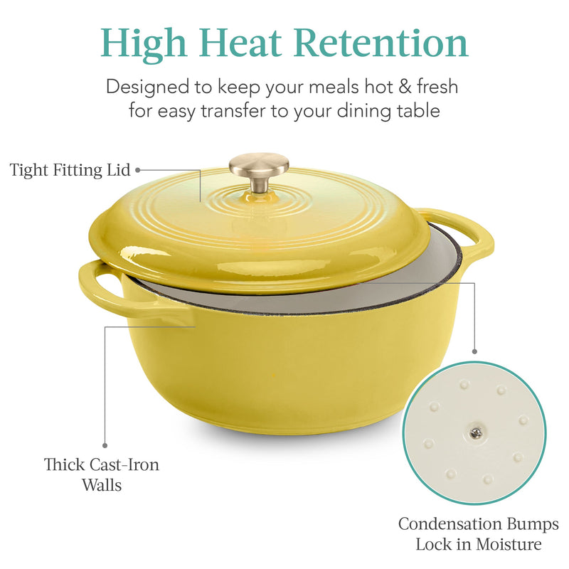 Cast-Iron Dutch Oven Kitchen Cookware w/ Enamel, Handles - 6qt
