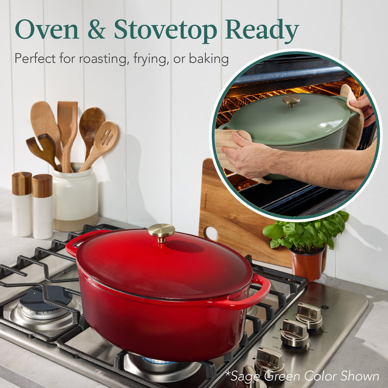 Oval Cast-Iron Dutch Oven Kitchen Cookware w/ Enamel - 7.5qt