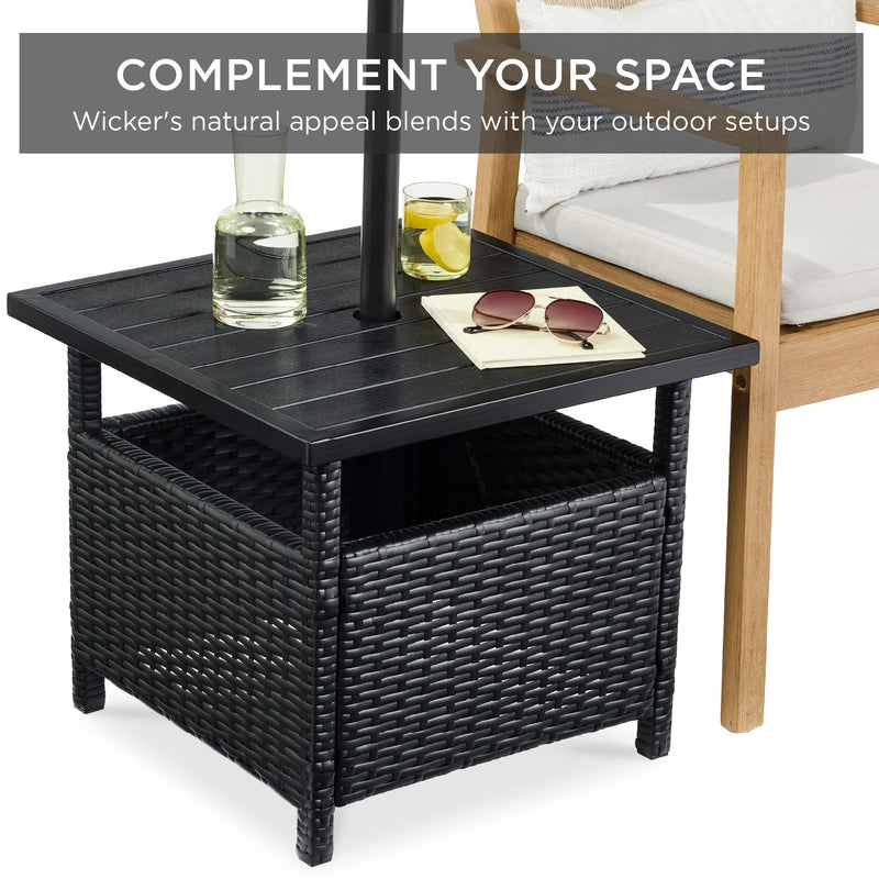 Outdoor Wicker Patio Side Table Accent Furniture w/ Umbrella Hole