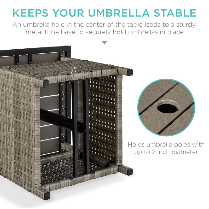 Outdoor Wicker Patio Side Table Accent Furniture w/ Umbrella Hole