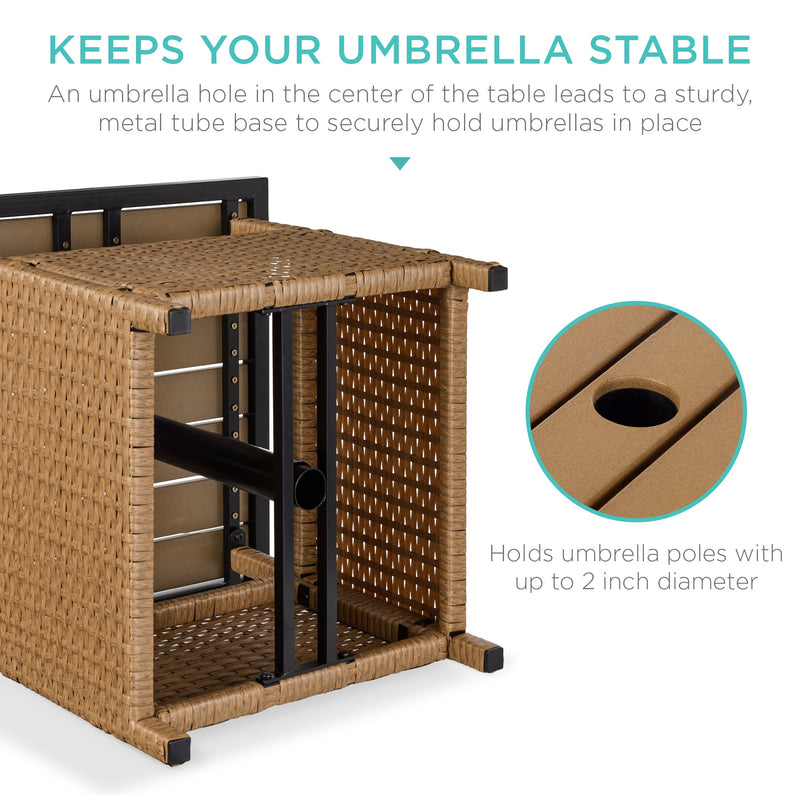 Outdoor Wicker Patio Side Table Accent Furniture w/ Umbrella Hole