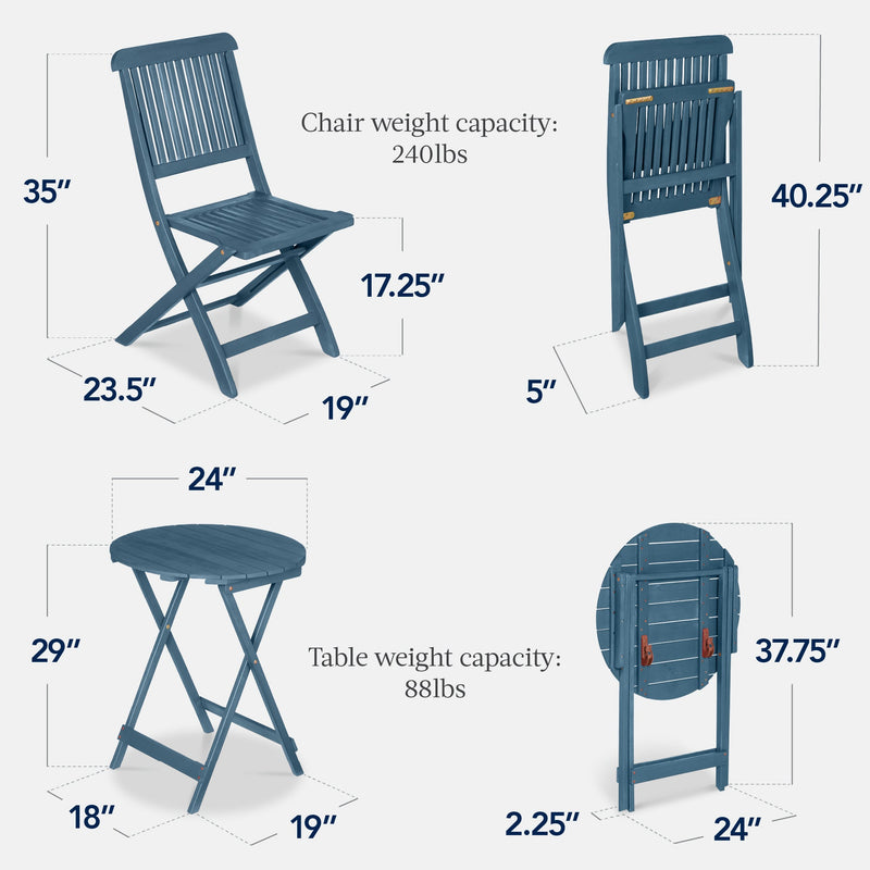 3-Piece Acacia Wood Bistro Set w/ Folding Table, 2 Chairs